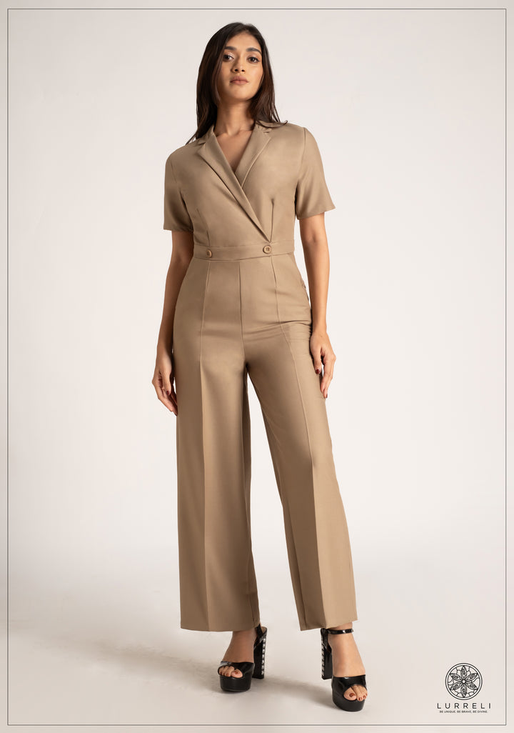 Lapel Color Jumpsuit – Beige Print – Lurreli