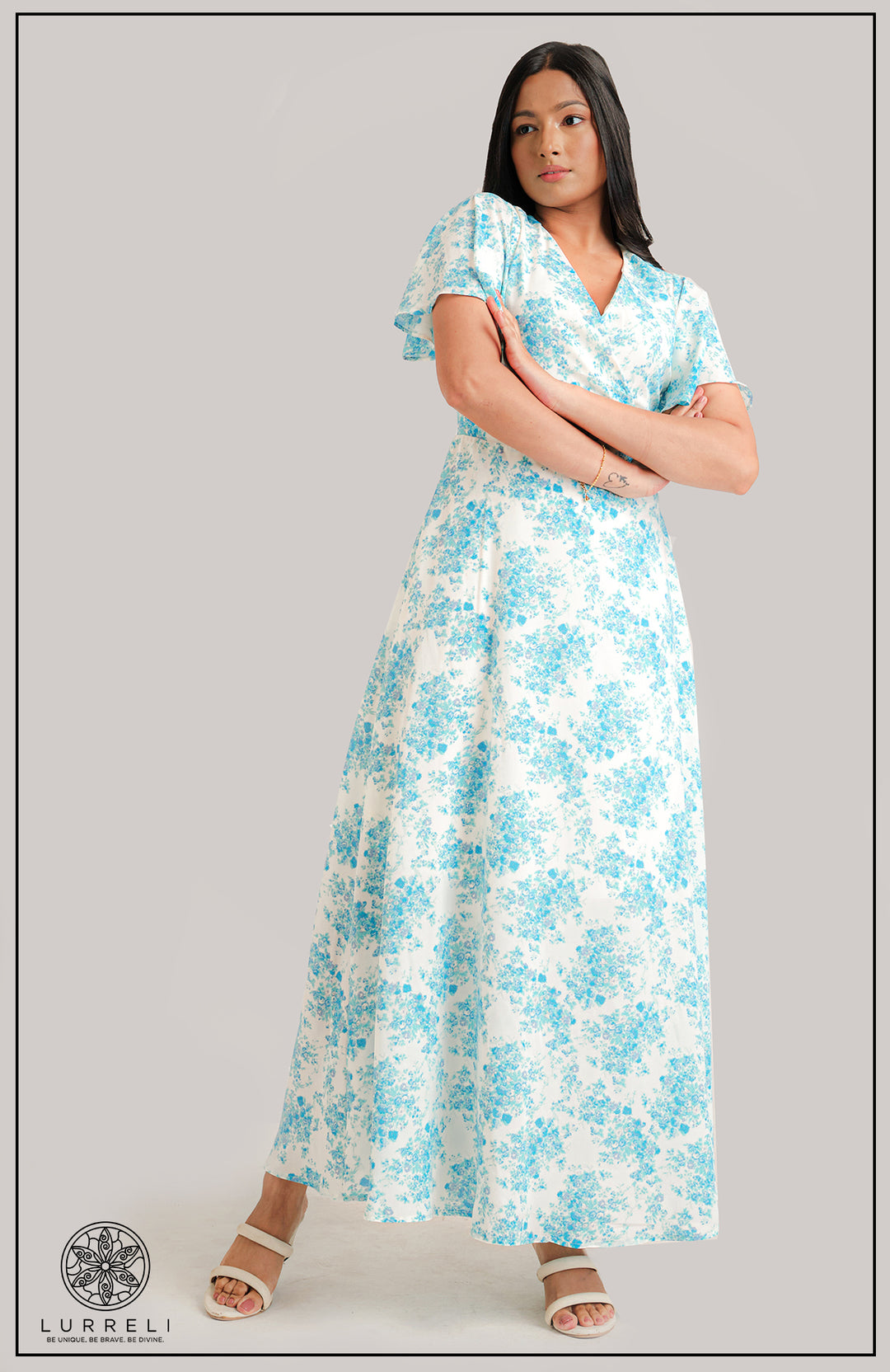 Leaf printed midi Dress – Blue Print – Lurreli