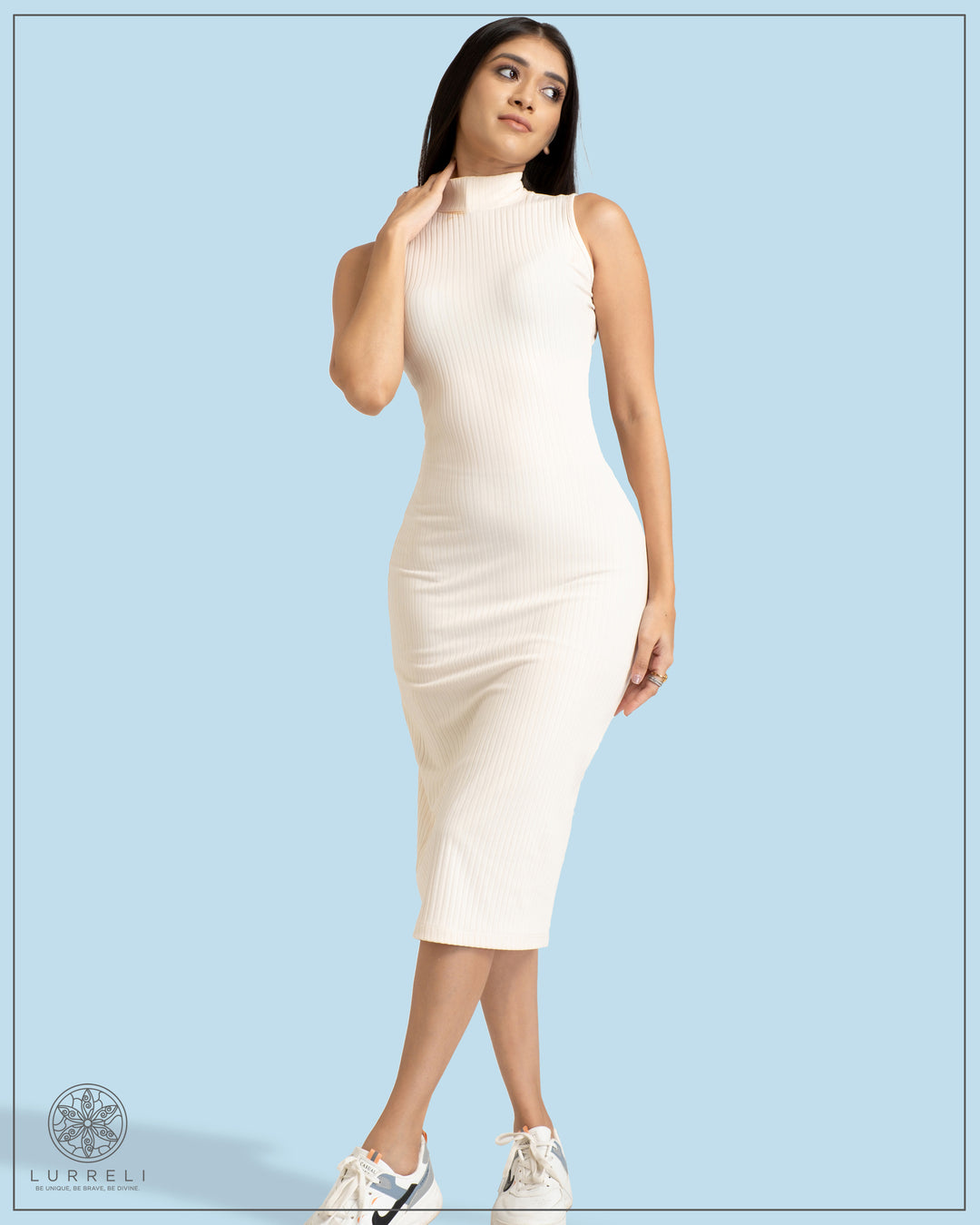 High Neck Rib Dress – White – Lurreli