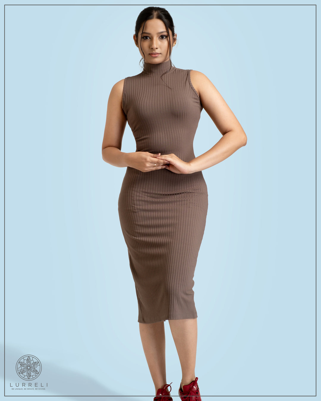 High Neck Rib Dress – Brown – Lurreli