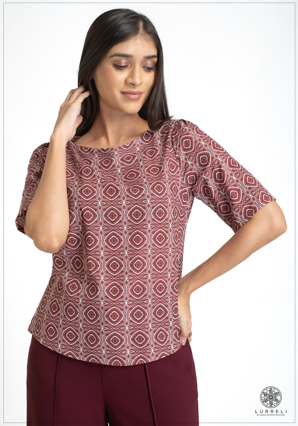 Deep Neck printed short Sleeve Top – Maroon – Lurreli