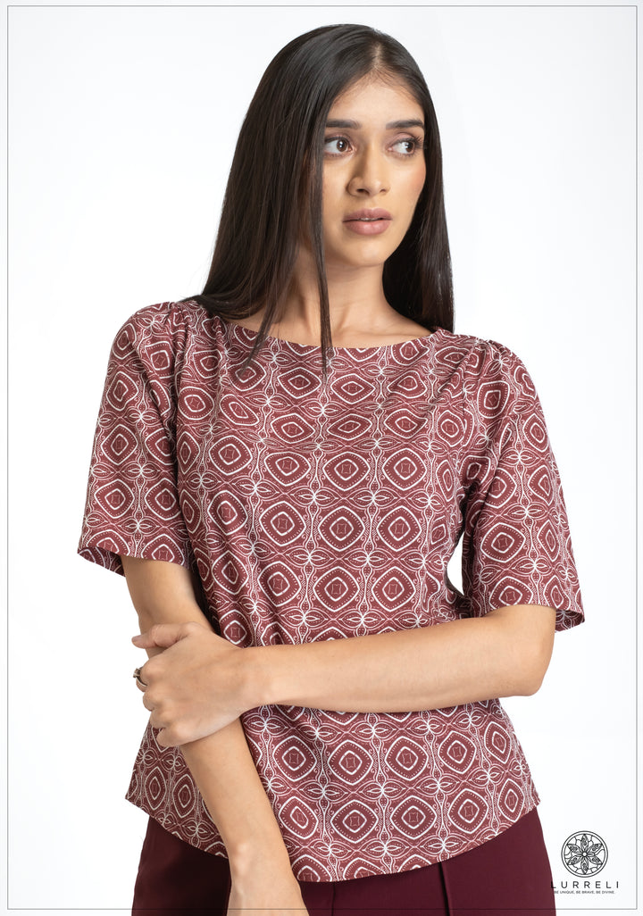 Deep Neck printed short Sleeve Top – Maroon – Lurreli