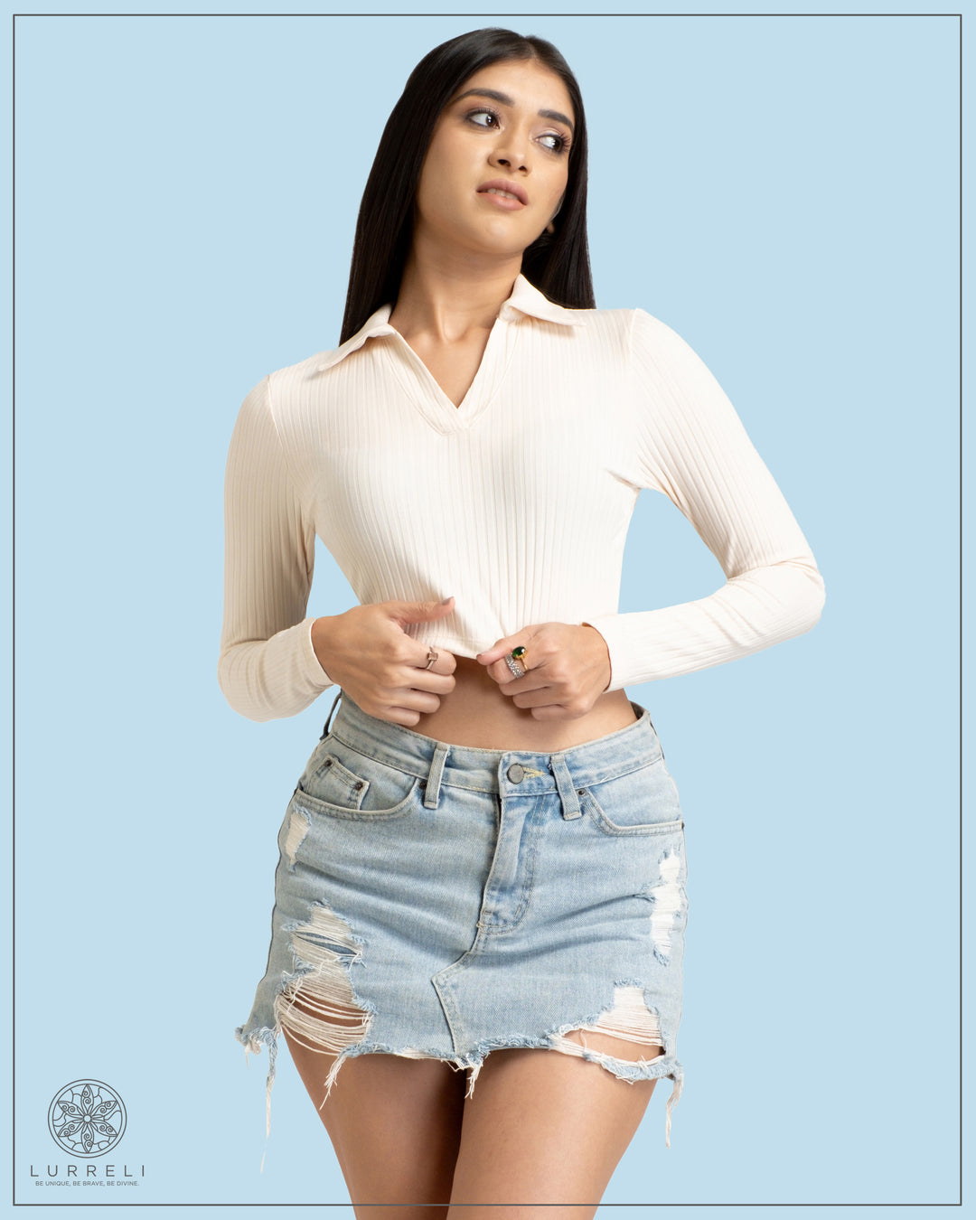 Long Sleeve Turn Down Collar Crop Top – White – Lurreli