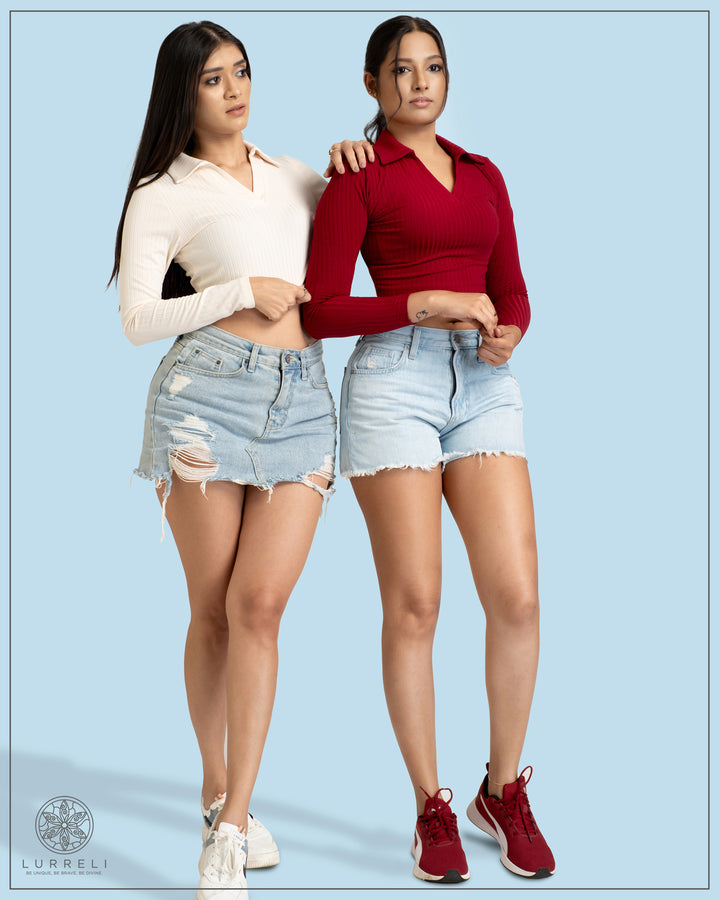 Long Sleeve Turn Down Collar Crop Top – view 3 – Lurreli