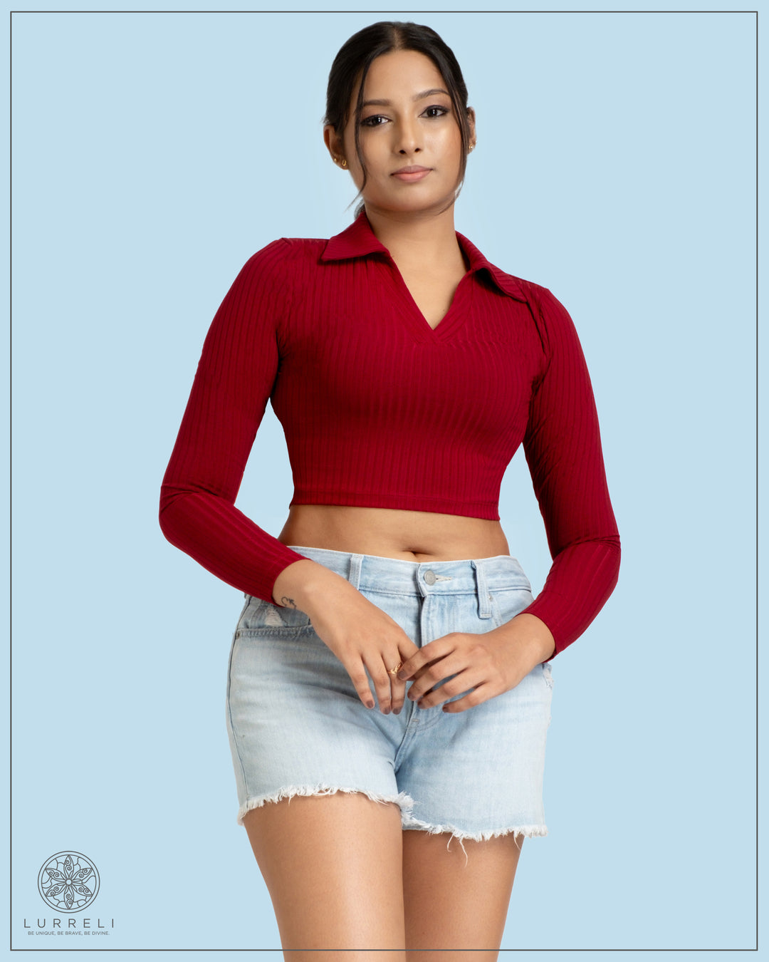 Long Sleeve Turn Down Collar Crop Top – Maroon – Lurreli