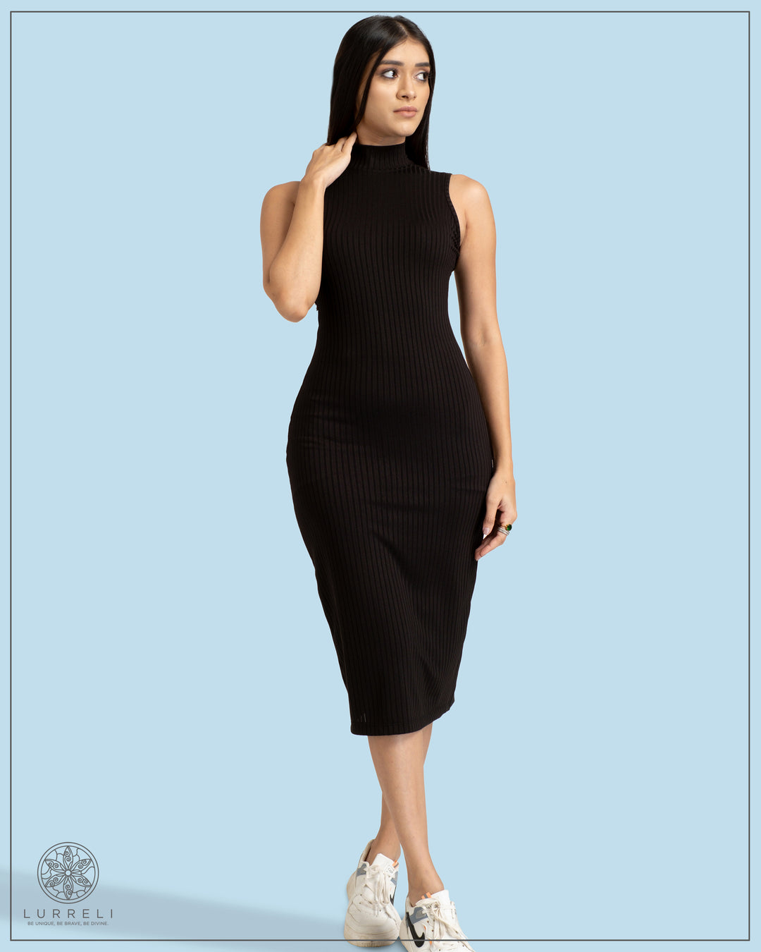 High Neck Rib Dress – Black – Lurreli