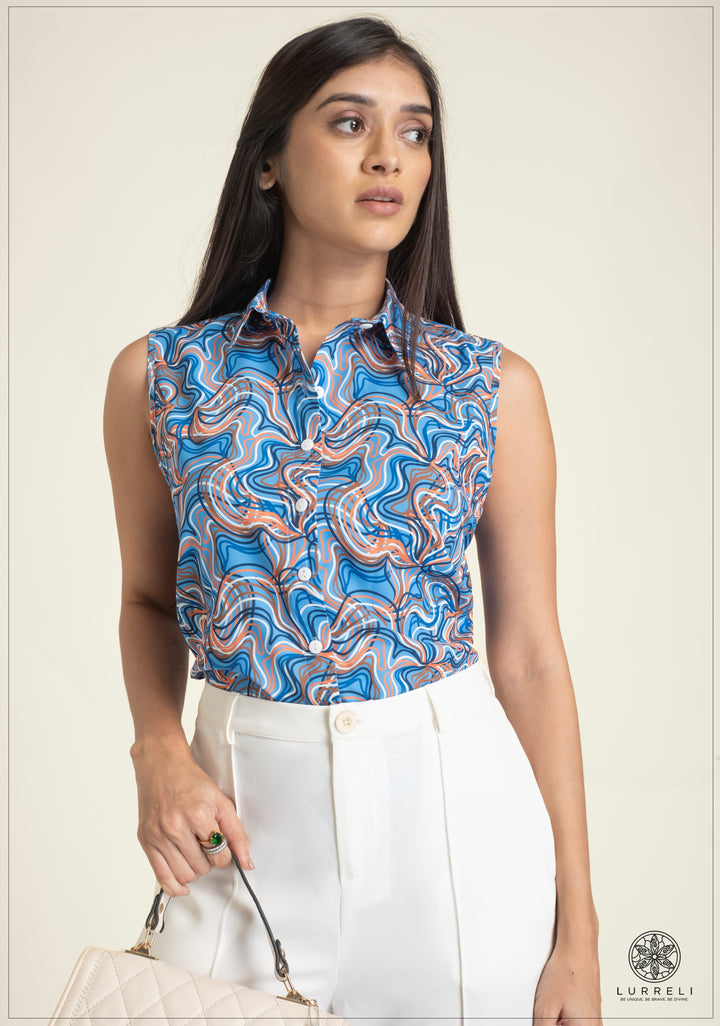 Sleeveless Printed Top – Blue Print – Lurreli
