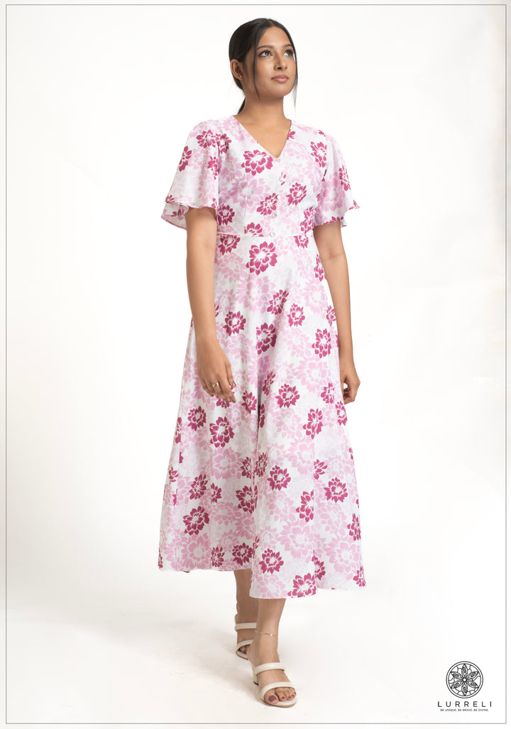 Leaf printed midi Dress – Pink Printed – Lurreli