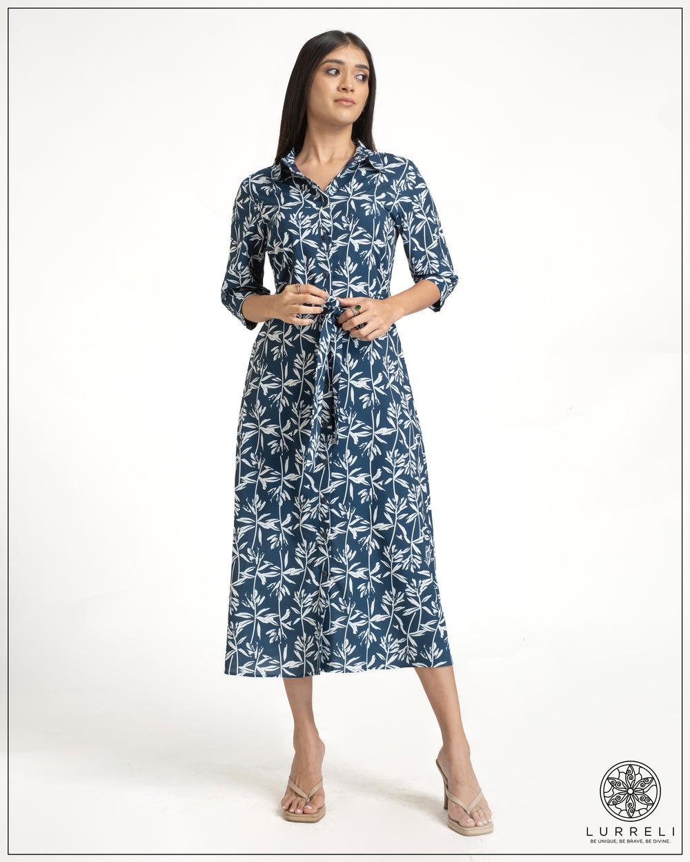 Leaf Printed Tie-Up Detail Midi Dress – Teal – Lurreli