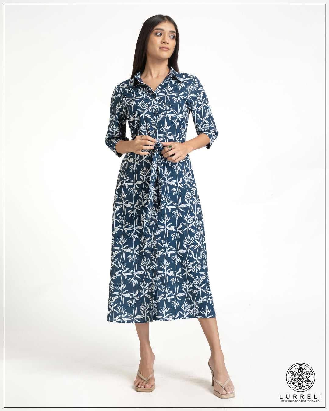 Leaf Printed Tie-Up Detail Midi Dress – Teal – Lurreli