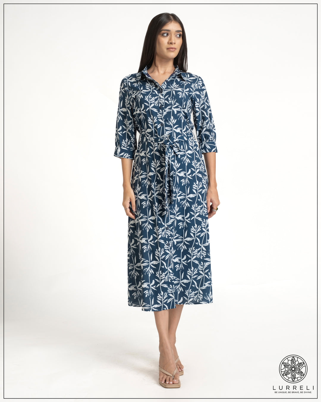 Leaf Printed Tie-Up Detail Midi Dress – view 3 – Lurreli