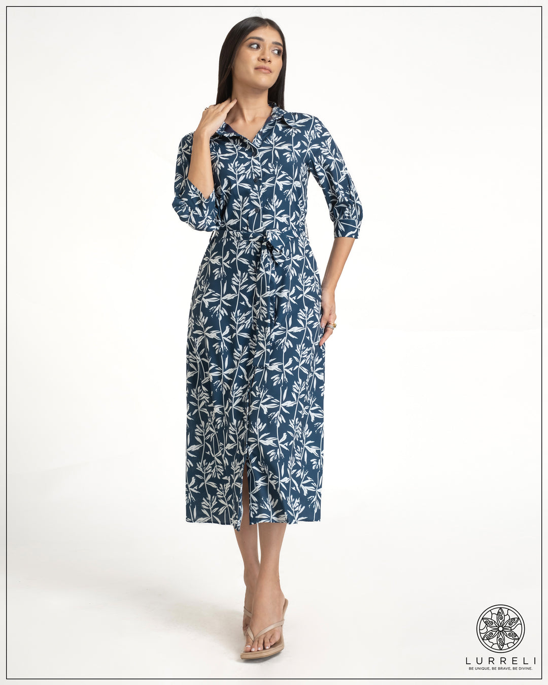 Leaf Printed Tie-Up Detail Midi Dress – view 4 – Lurreli