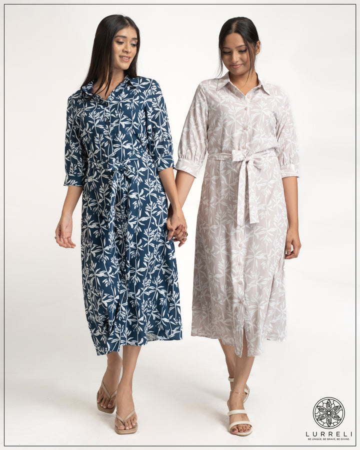 Leaf Printed Tie-Up Detail Midi Dress – view 1 – Lurreli