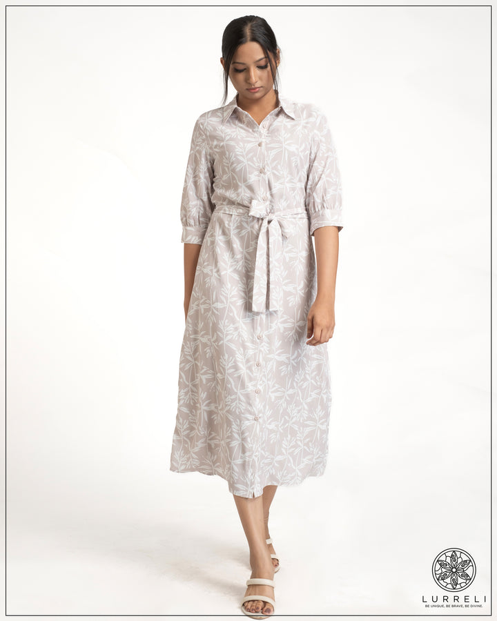 Leaf Printed Tie-Up Detail Midi Dress – Beige Print – Lurreli