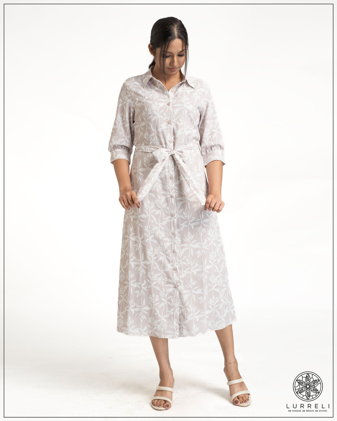 Leaf Printed Tie-Up Detail Midi Dress – view 6 – Lurreli