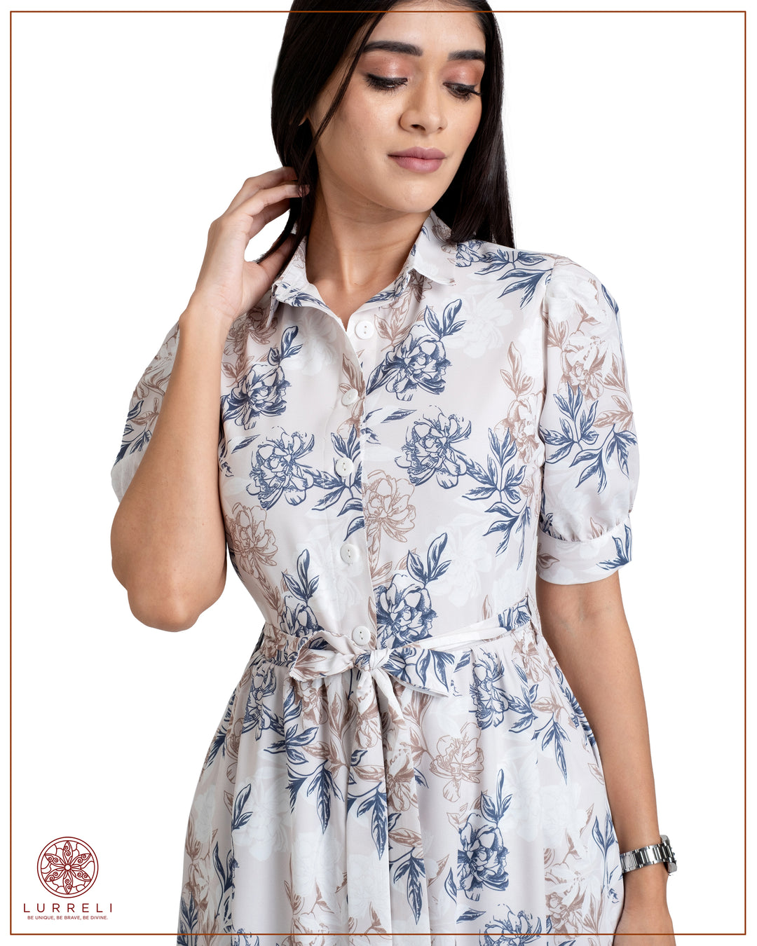 Floral Printed Button-Down Detail Maxi Dress – Beige Print – Lurreli