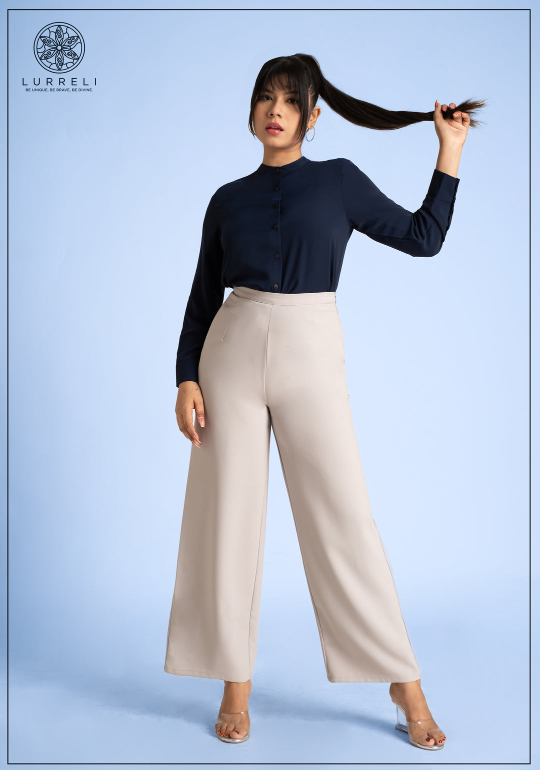 Chinese Collar Long Sleeve Top – Navy – Lurreli