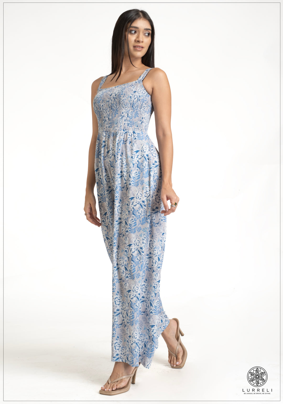 Floral printed Smoking Detail Jump suit – Beige Print – Lurreli