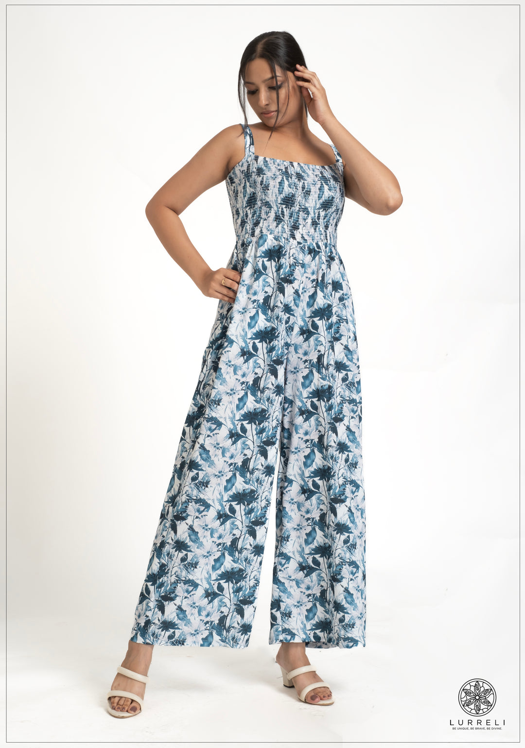 Floral printed Smoking Detail Jump suit – Blue Print – Lurreli