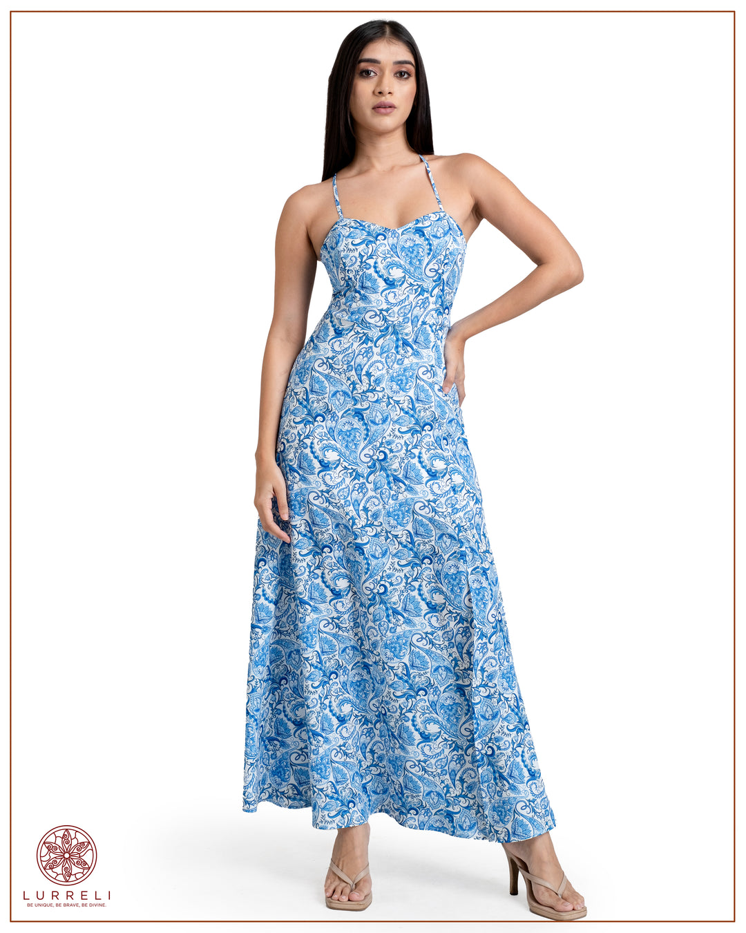 Back Crossed Detail Printed Dress – Blue – Lurreli