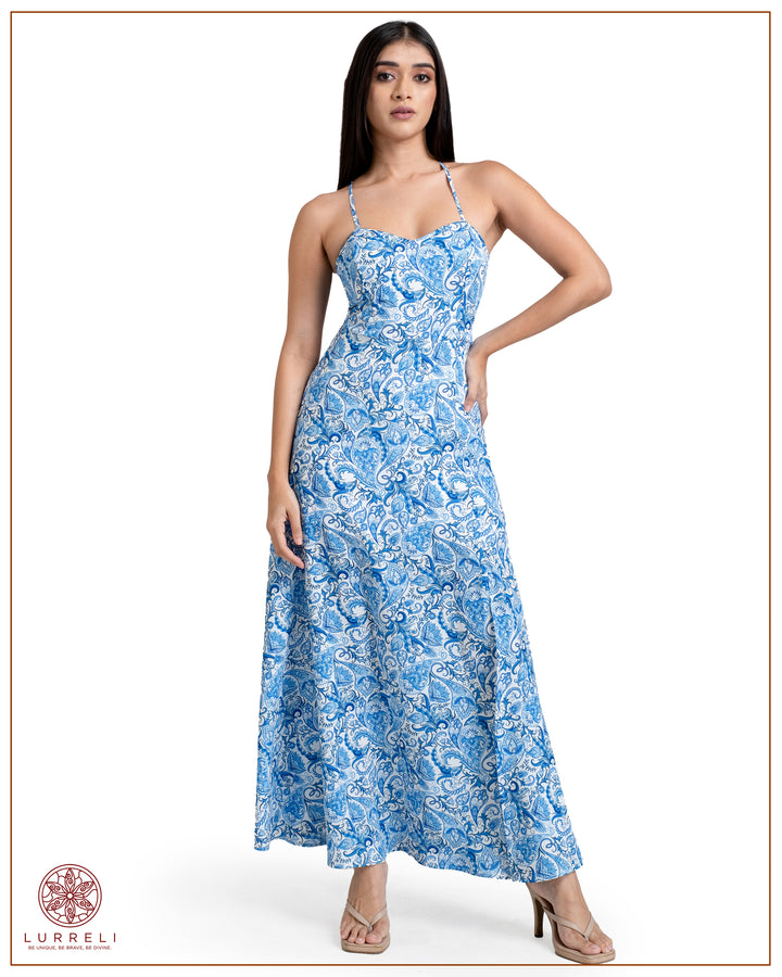 Back Crossed Detail Printed Dress – Blue – Lurreli