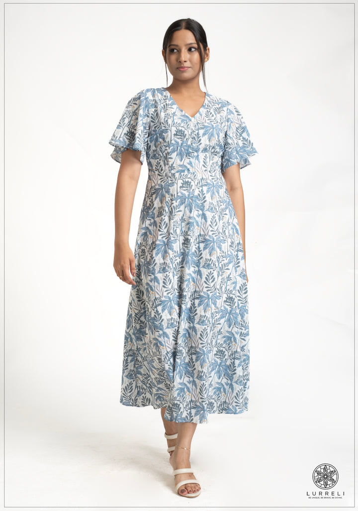 Leaf printed midi Dress – Blue Print – Lurreli