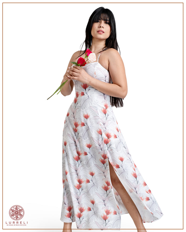 Back Crossed Detail Printed Dress – Gray – Lurreli