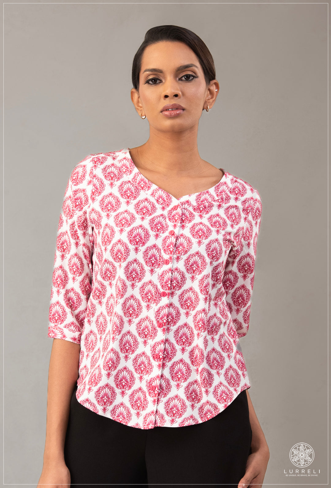 V Neck Casual Wear Top – Pink Printed – Lurreli