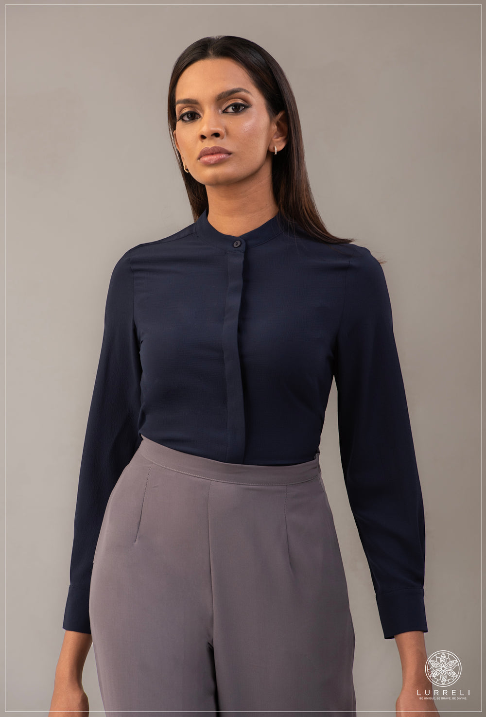 Chinese Collar Basic Blouse – Navy – Lurreli