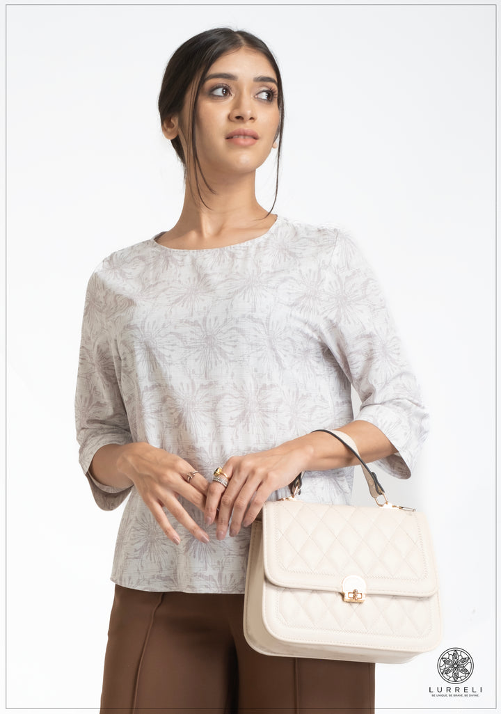 Round Neck three Quarter Sleeve Tops – Beige – Lurreli