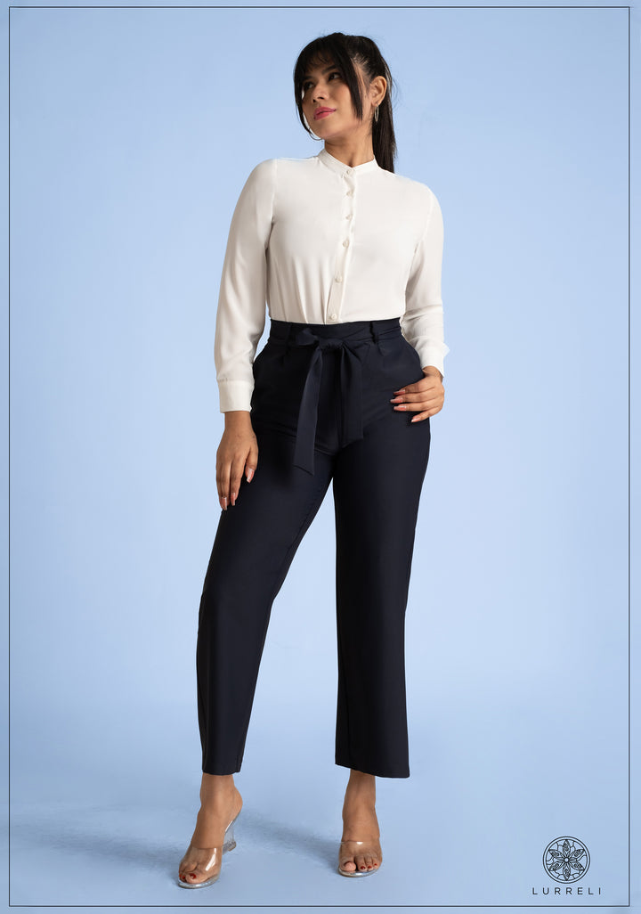 Chinese Collar Long Sleeve Top – White Print – Lurreli