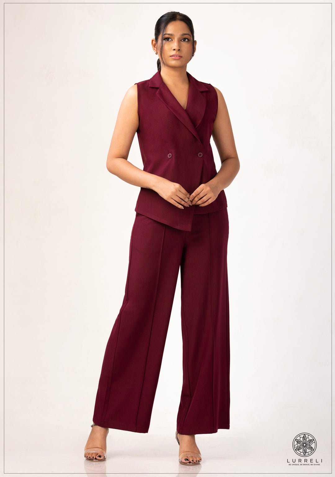 Tailored, double-breasted sleeveless vest – Maroon – Lurreli