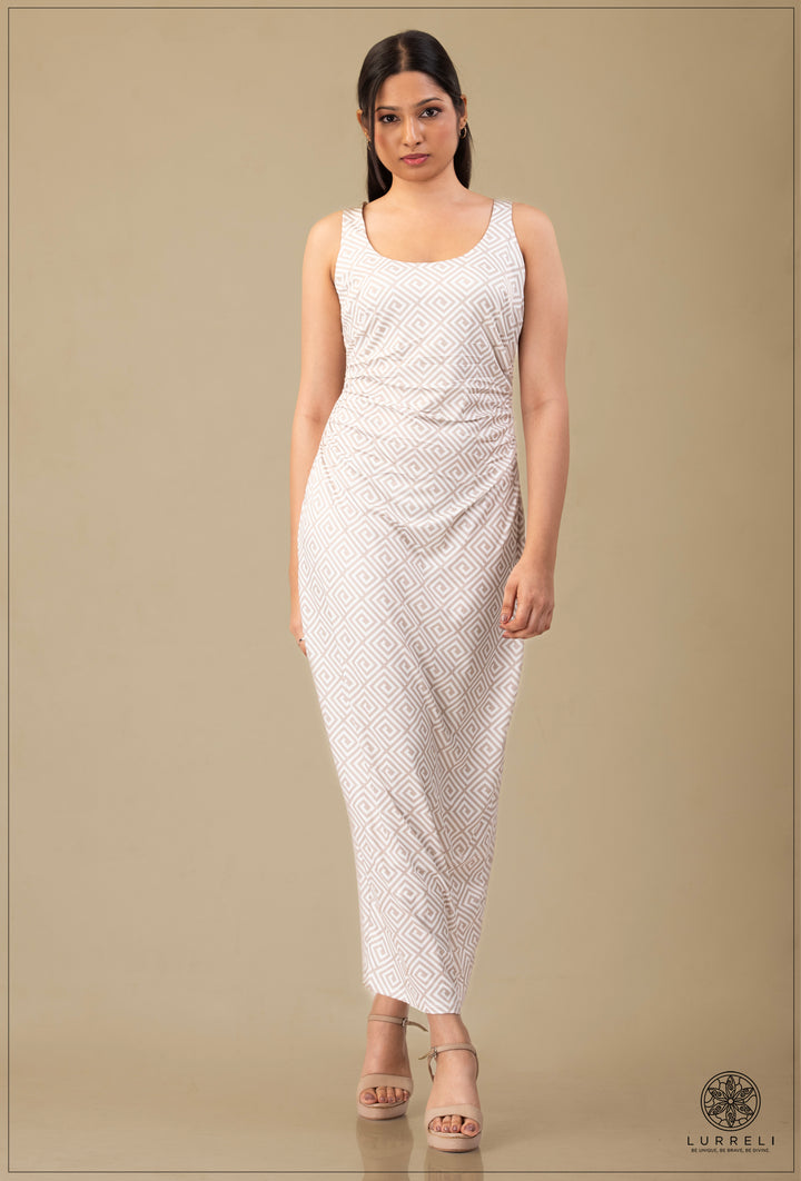 "Floral Printed Maxi Dress'' – Beige – Lurreli
