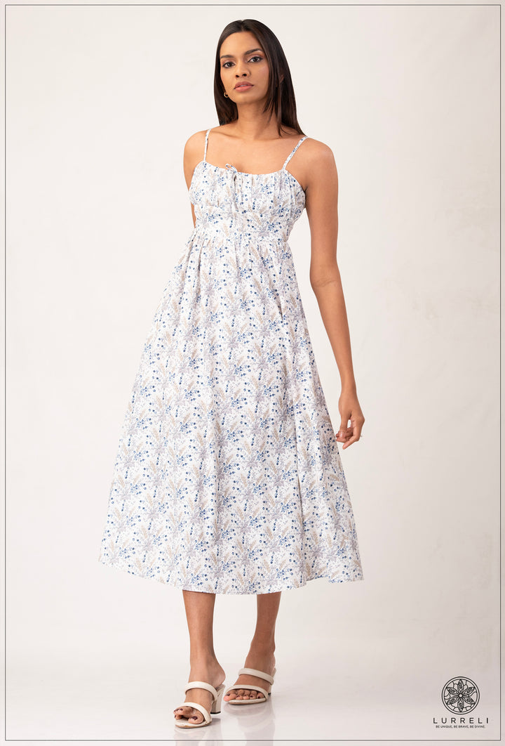 Strappy Gathered Blue Floral Dress – Cream – Lurreli