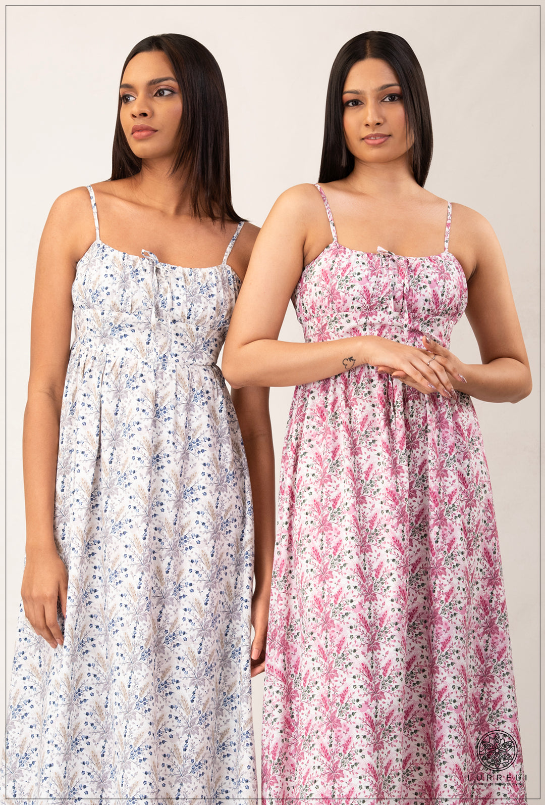 Strappy Gathered Blue Floral Dress – view 5 – Lurreli