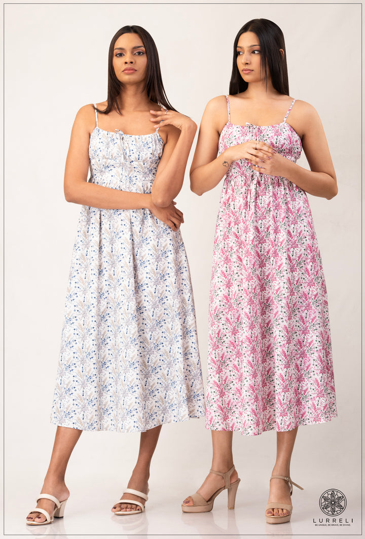 Strappy Gathered Blue Floral Dress – view 3 – Lurreli