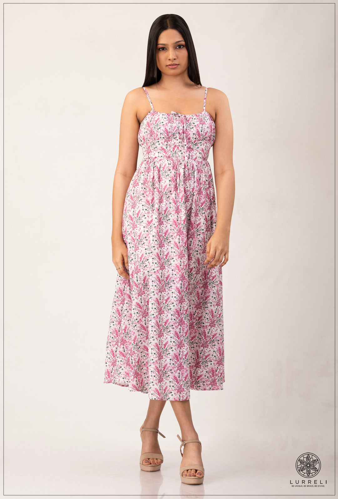 Strappy Gathered Blue Floral Dress – Pink – Lurreli