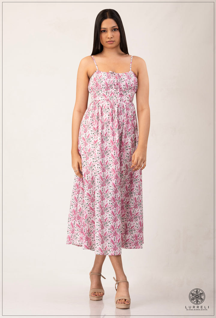 Strappy Gathered Blue Floral Dress – Pink – Lurreli