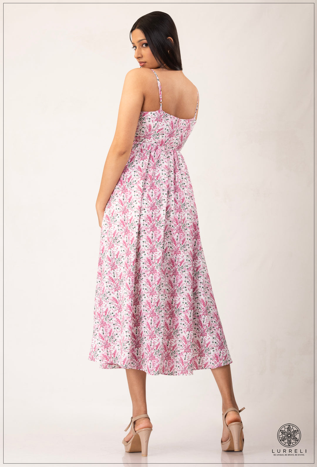 Strappy Gathered Blue Floral Dress – view 6 – Lurreli