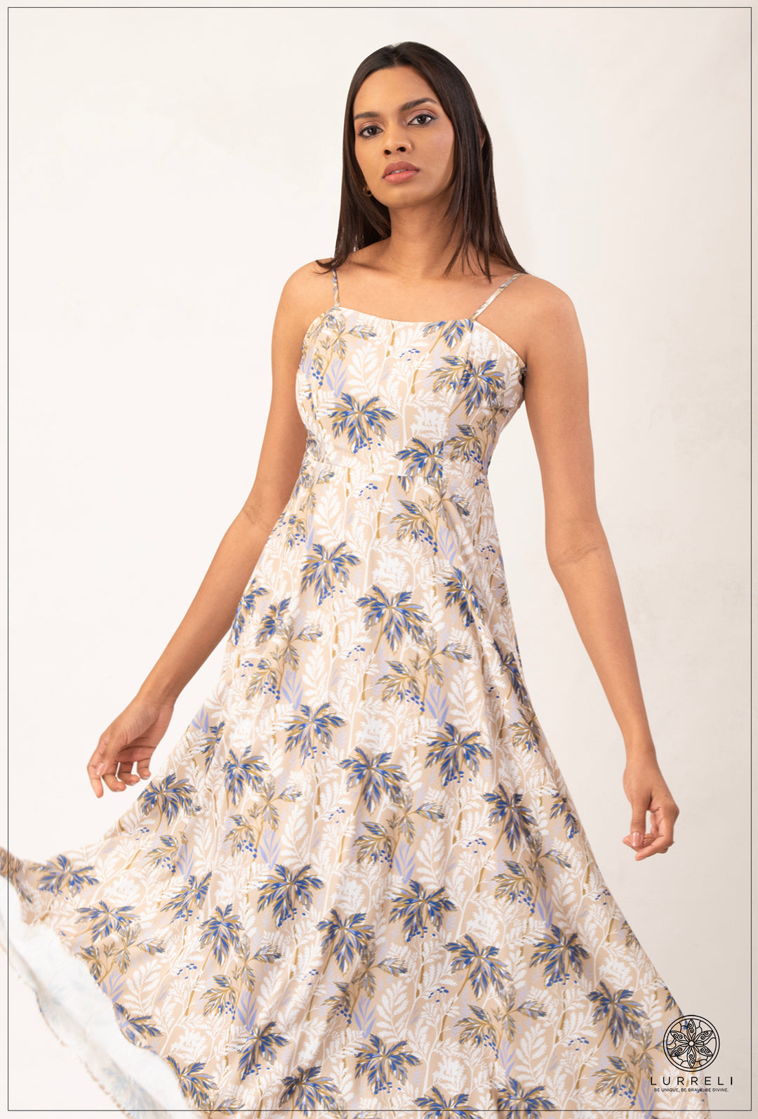 Strappy Printed Dress – Beige – Lurreli