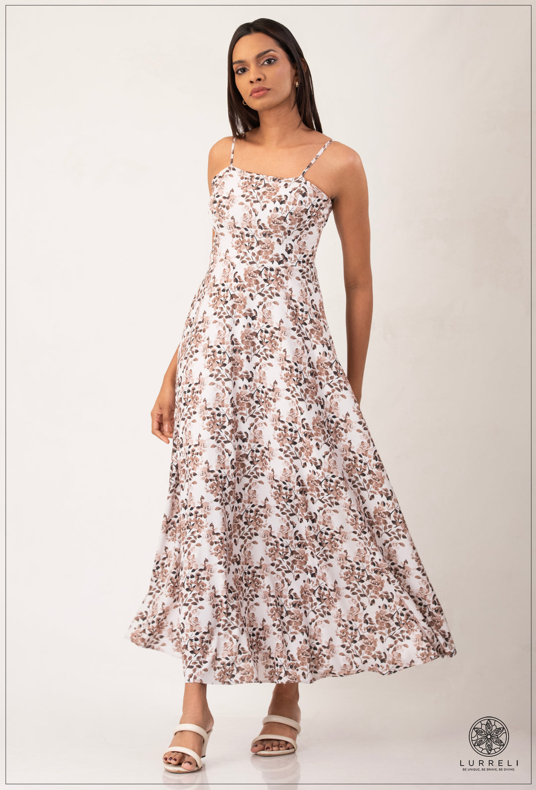 Strappy Printed Dress – Dark Brown – Lurreli