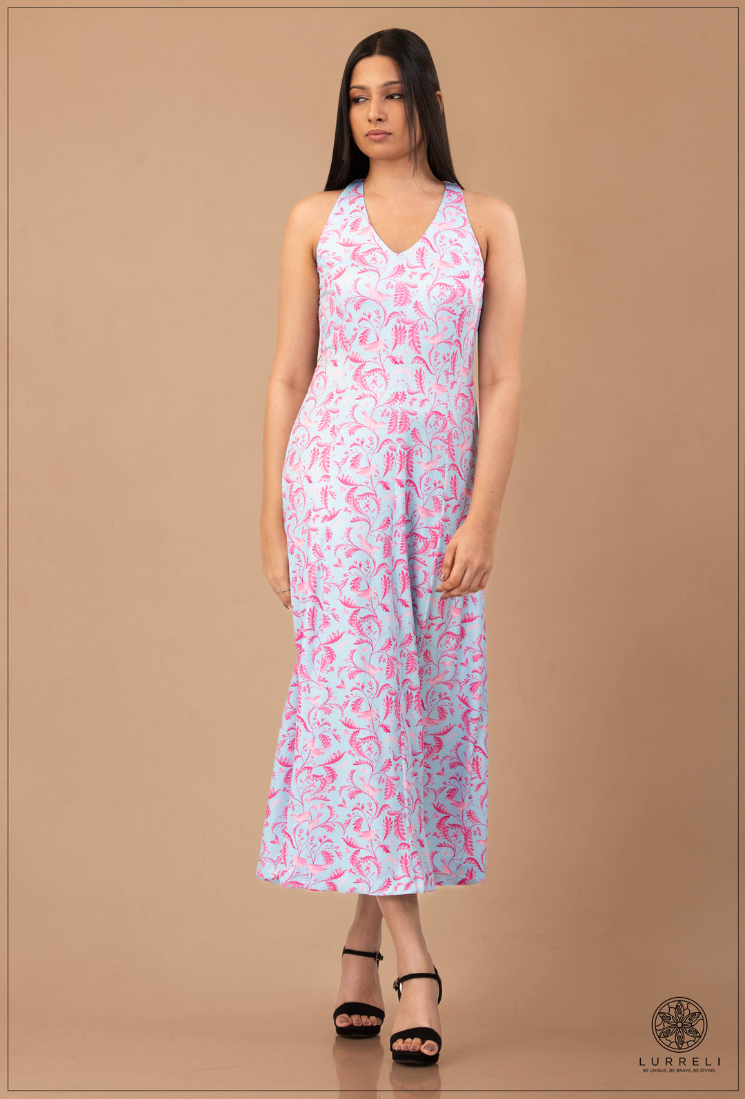 Leaf Printed Midi Dress – Blue – Lurreli