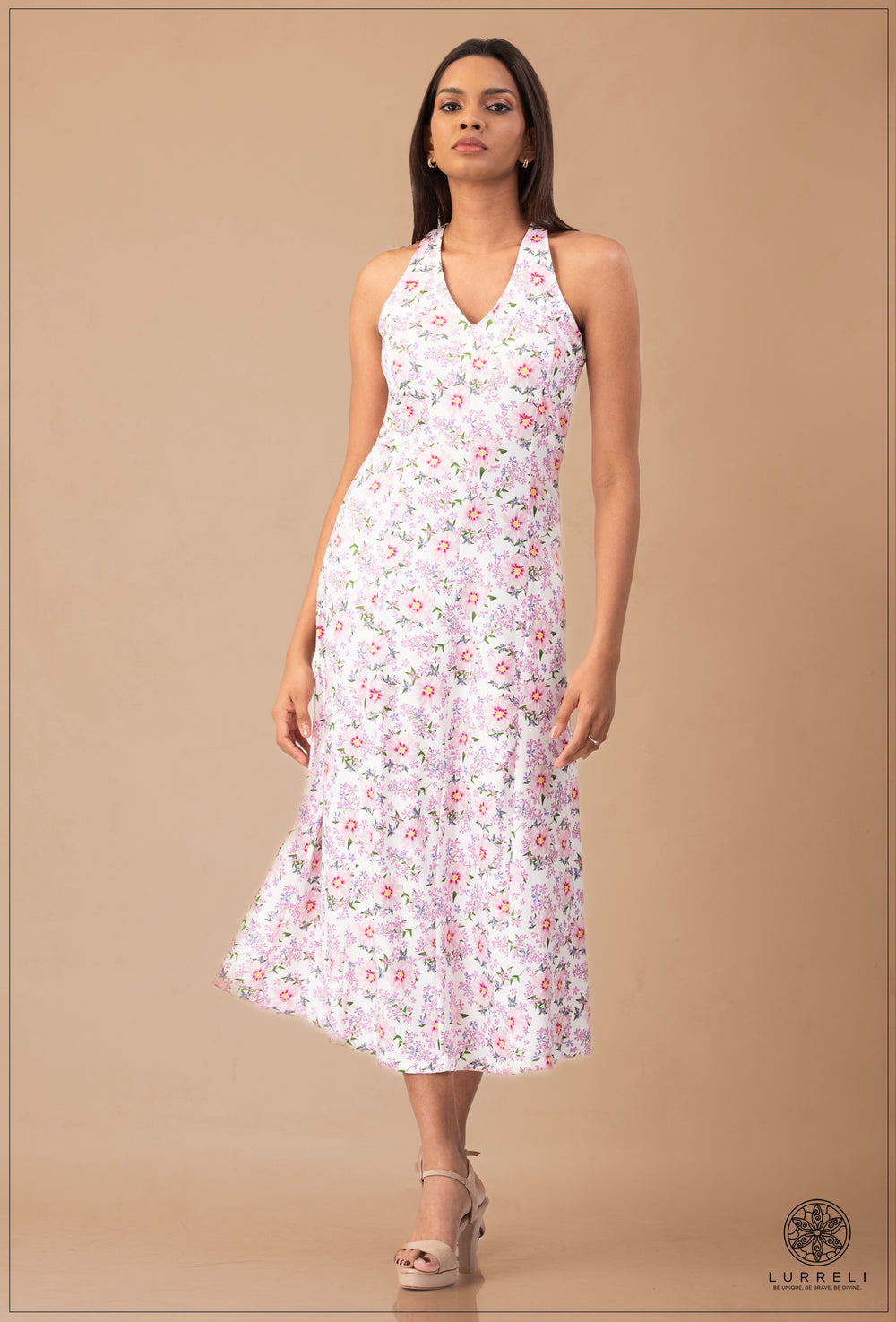 Leaf Printed Midi Dress – White – Lurreli