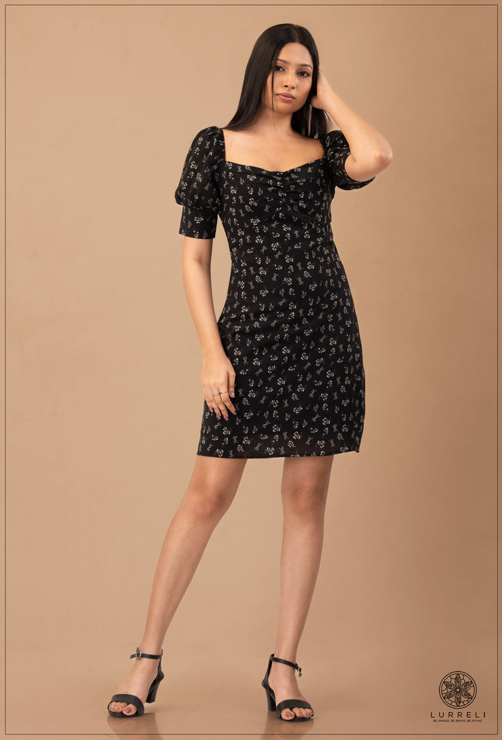 Puff Sleeve Tie Up Detail Mini Dress – Black – Lurreli