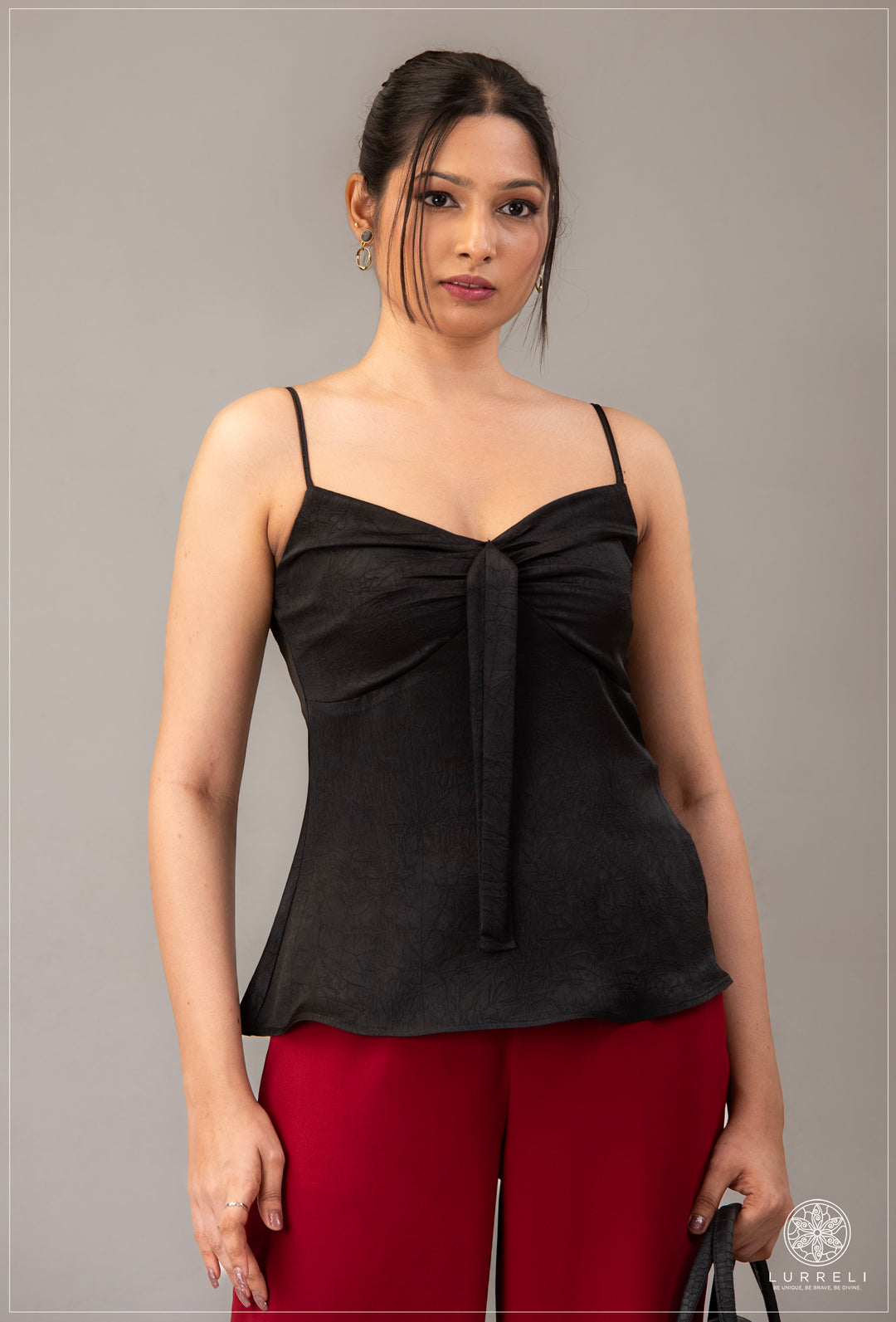 Peplum, tie-front cami top – Black – Lurreli