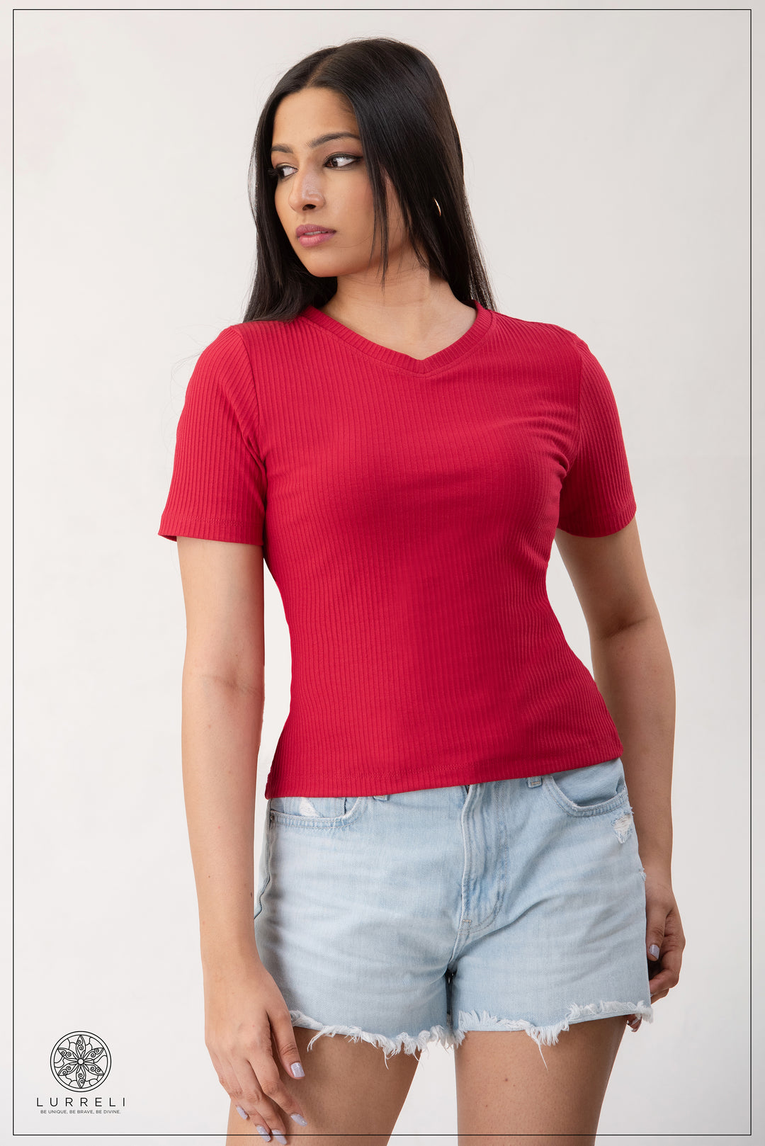 V Neck Rib Top – Red – Lurreli