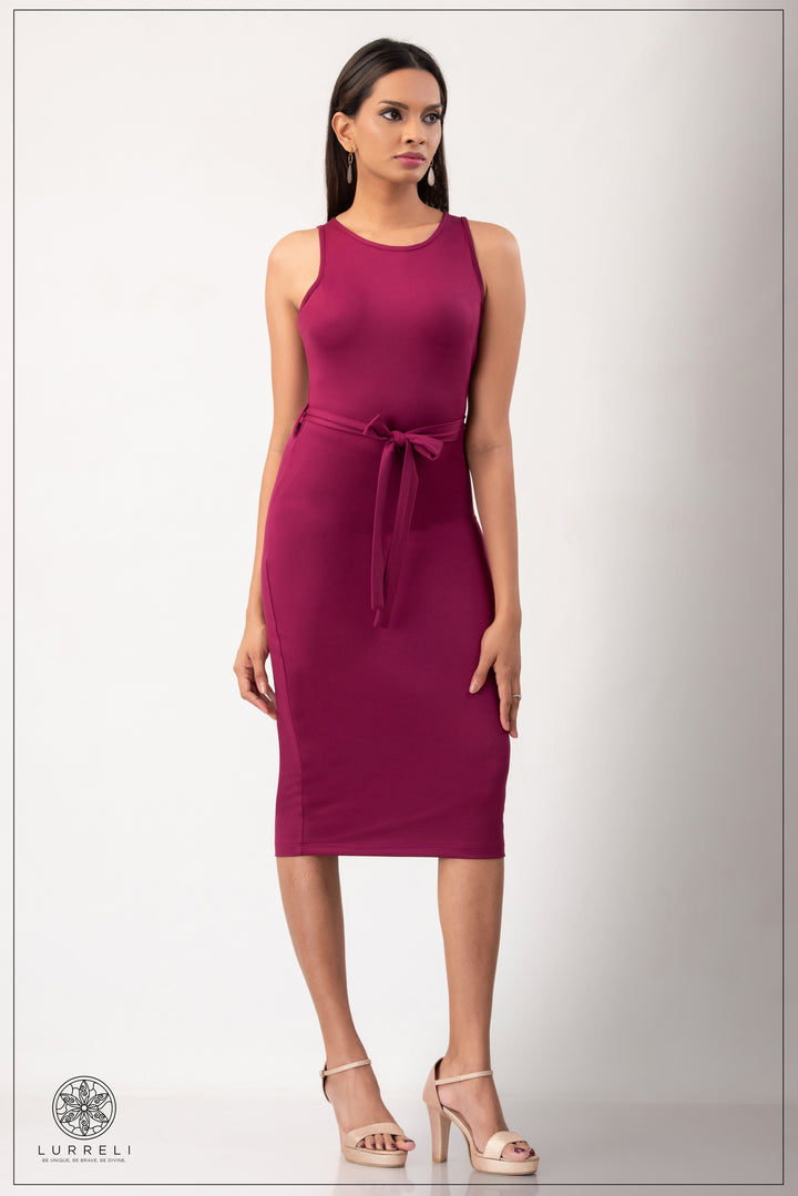 Belt-Detail Solid Dress – Purple – Lurreli