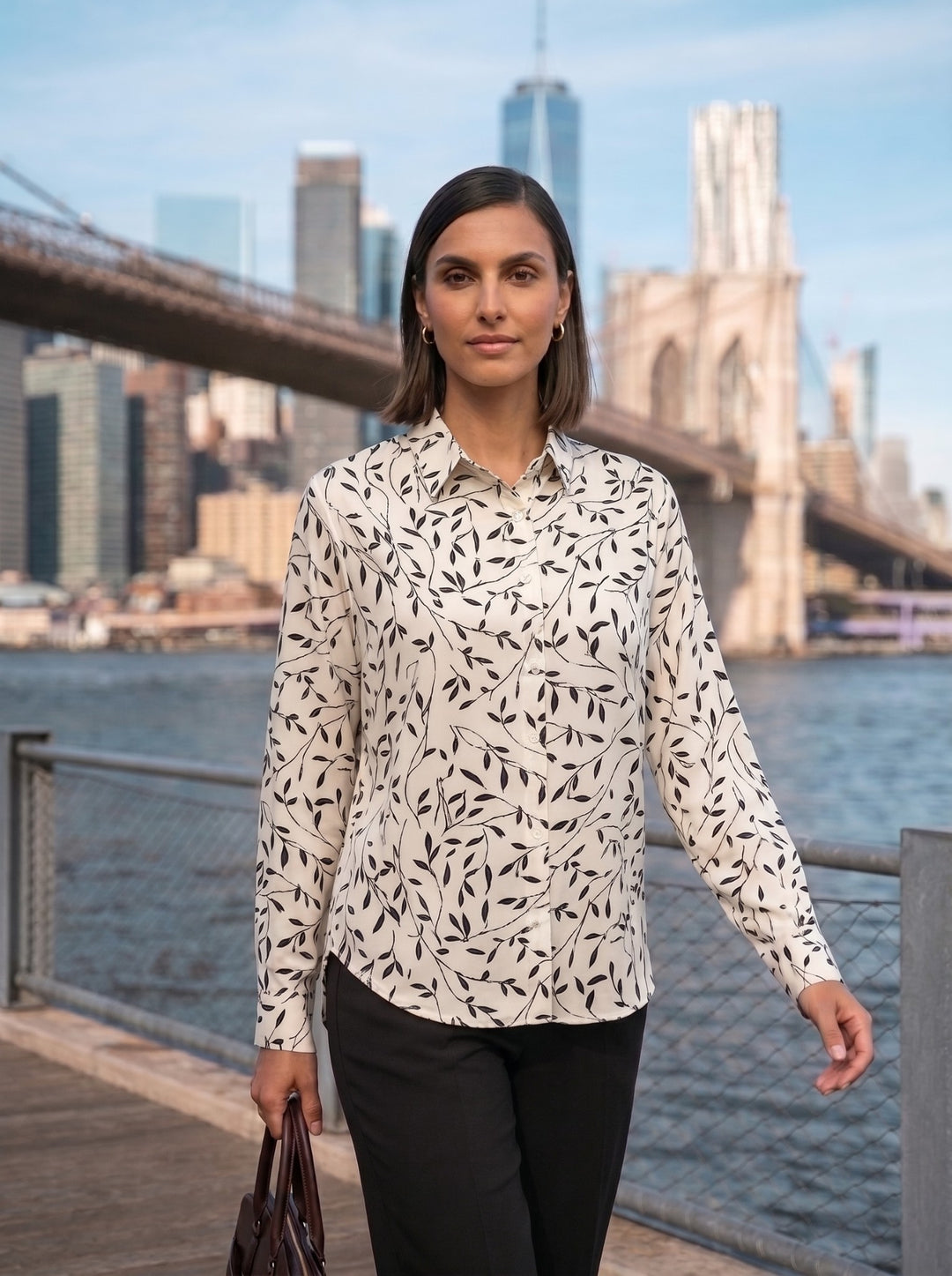Navy Leaf Print Button-Down Shirt