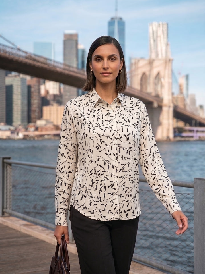 Navy Leaf Print Button-Down Shirt