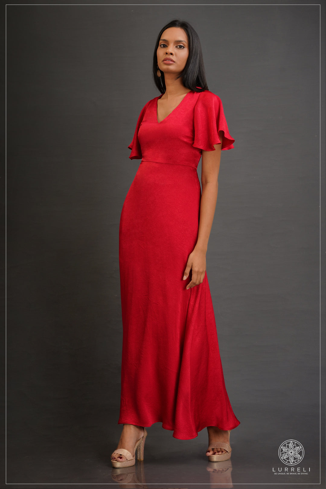 V-neck, A-line maxi dress with flutter/ruffle sleeves – view 11 – Lurreli